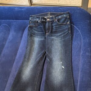 Dark Wash Wide Leg Jeans - Distressed Detail